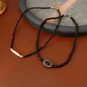 French Vintage Freshwater Pearl Necklace Black Crystal Titanium Steel Beads Geometric Clavicle Chain Minimalist Women