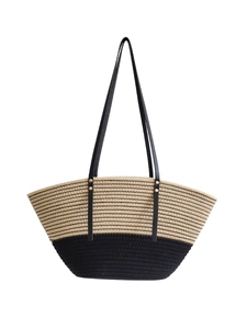 Classic woven cotton rope tote bag with beige and black color-blocking and leather straps