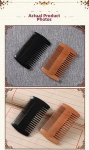 Detail view of double-sided peach wood combs with fine and wide teeth in two colors