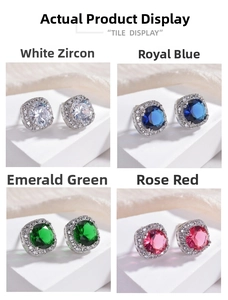 Detalle de pendientes de circonita con halo cuadrado en blanco, azul, verde y rosa rojo