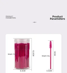 Detailed product dimensions for rose red disposable mascara brushes in clear storage tube