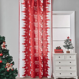 Red Christmas curtain featuring snowmen, trees and Merry Christmas text for home decor