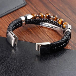 Pulsera para hombre de cuero trenzado negro con cuentas ojo de tigre y cierre de metal plata