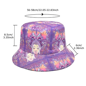 Purple bucket hat with mushroom and buddha print, featuring specific size measurements
