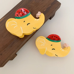 Lot de 2 pinces à cheveux éléphant jaune mignonnes avec motif pastèque et fleur rose
