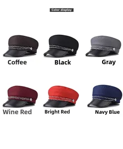 Matrix display of multi-color military hats with double metal chains and leather brims