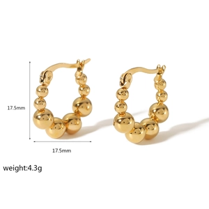 Detailed view of 18k gold plated stainless steel bead hoop earrings 17.5mm diameter