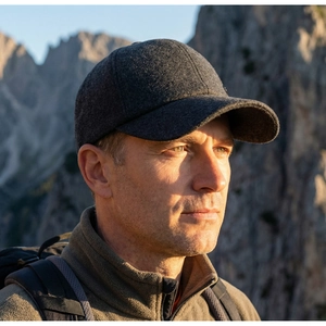 Detail of dark grey wool baseball cap showing thick textured fabric and side ear protection
