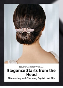 Detail of elegant acetate bow hair clip with rhinestones worn in a half-up hairstyle