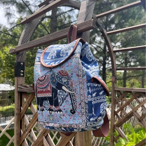 Ethnic Elephant Embroidery Canvas Backpack Women Bohemian Style Drawstring Flap Travel Casual Daypack School