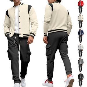 Detail view showing colorblock baseball jacket and cargo jogger set with ribbed cuffs