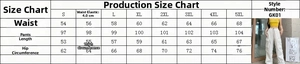 Tableau des tailles détaillé pour pantalon cargo américain du S au 5XL
