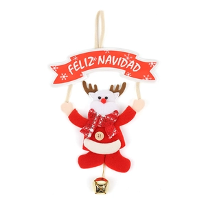 Christmas reindeer pendant with Feliz Navidad banner and golden bell for tree decoration