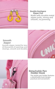 Detail of durable dual metal zippers and detachable star-pattern pencil case on pink backpack