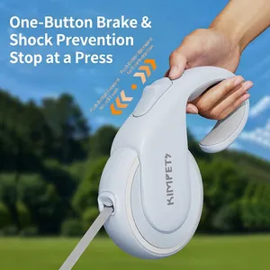 Retractable dog leash with one-touch brake button for outdoor walking and training
