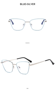 Cat eye blue and silver metal eyeglasses frames shown from front and side angles