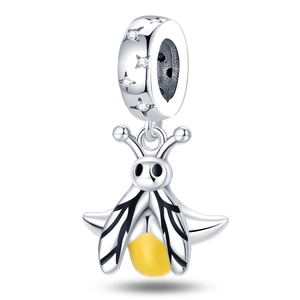 Detailed view of silver firefly charm with yellow abdomen and star-shaped top ring