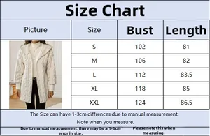 Size guide for women cream hooded cardigan with bust and length measurements in centimeters