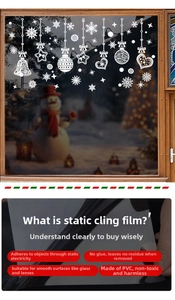 Detailed view of white snowflake PVC static stickers with bells and stars on glass