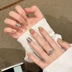 Handmade press-on nails in Morandi green and pink with laser glitter and metal ring