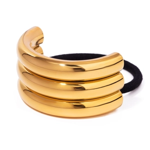 Three-layer golden polished metal hair cuff with elastic band for high ponytails