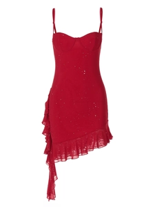 Red sequin bodycon dress with ruffled hem and slim fit design on white background