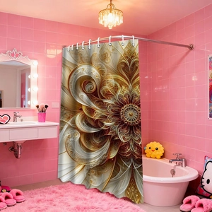 Detailed view of sun and moon fractal floral shower curtain in white and gold gradient