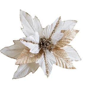 27cm white and gold artificial velvet poinsettia Christmas flower with glitter details
