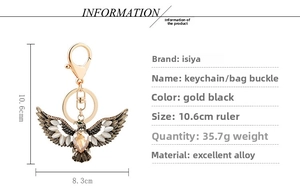 Detailed view of eagle keychain with champagne crystals and gold alloy finish