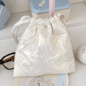 Drawstring Makeup Bag Quilted Puffer Pouch PU Leather Embossed Bowknot Portable Travel Cosmetic Organizer Cute Storage