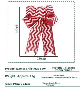 Detailed view of red and white striped Christmas bow with flocking texture and size info