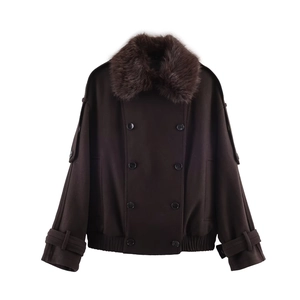 Veste Courte En Laine Pour Femmes Avec Col En Fausse Fourrure Double Boutonnage Marron Café Style Aviateur Manteau