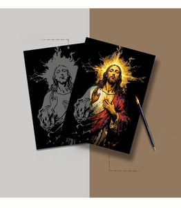 Detail view of DIY scratch art kit showing colorful religious portrait and gold scratch pen