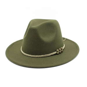 Detail of dark olive wool fedora hat featuring braided band and vintage metal beads