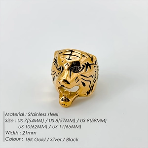 Gothic hip hop style tiger head ring crafted from durable gold plated stainless steel