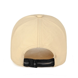 Back view of beige quick-dry baseball cap with adjustable black strap and reflective detail