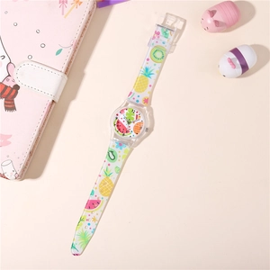 Cute kids quartz watch with tropical fruit patterns and clear plastic strap