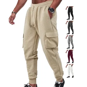 Men Cargo Jogger Pants Waffle Texture Jacquard Elastic Drawstring Waist Multiple Pockets Casual Sports Streetwear