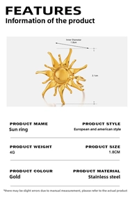 Detail view of 18K gold plated stainless steel sun ring showing 3.1cm height and 4g weight