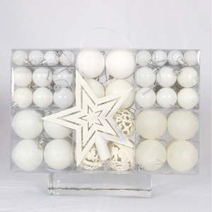 White Christmas ball set with glitter and star topper in transparent gift box