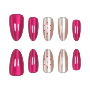 Deep red cat eye and pearl champagne oval press-on nails set with red polka dots