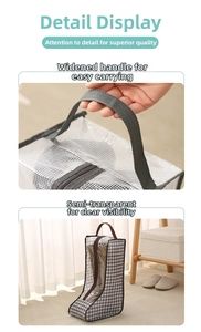 Detail of widened handle and translucent mesh on houndstooth pattern boot storage bag