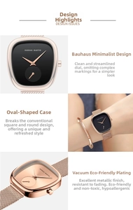 Detailansichten der roségoldenen Milanaise-Mesh-Armbanduhr mit tonneauförmigem Gehäuse