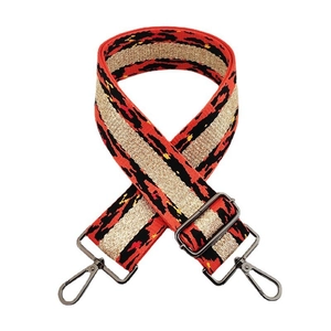 Adjustable 5cm wide bag strap with red, black, and gold leopard pattern and metal hooks