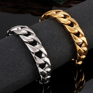 Men's fashion stainless steel Cuban link bracelet in silver and gold metallic finish