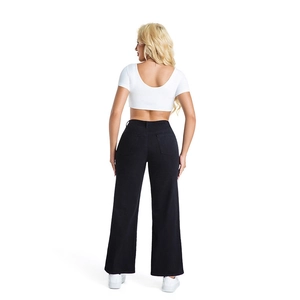 Back view of classic black high-waisted wide-leg denim jeans with pockets for women