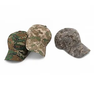 Three digital camouflage baseball caps in forest green, desert sand, and woodland brown