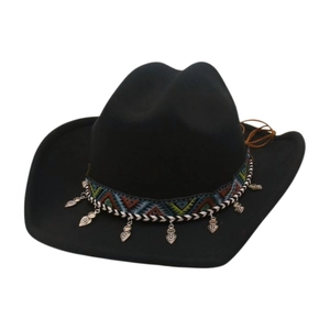 Black western cowboy hat with ethnic woven band and vintage silver metal pendants