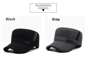 Flat top military caps in black and grey featuring wool texture and SPORT side label