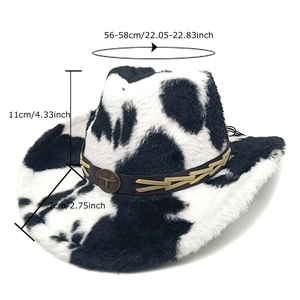 Vintage cow print western cowboy hat with bull head metal buckle and size measurements